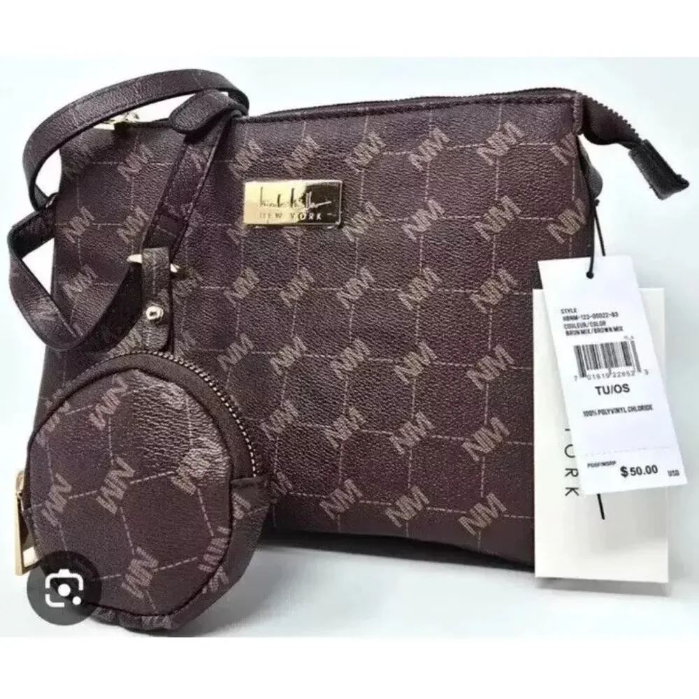 MSRP $50 ✨NWT Nicole Miller Brown Logo Crossbody Bag with Pouch | Gold Hardware✨